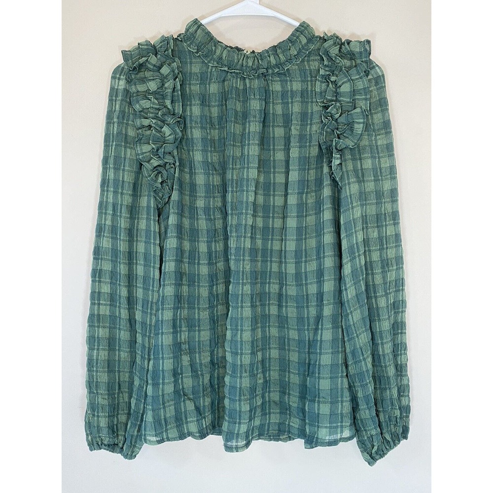 Entro Green Plaid Ruffle Blouse